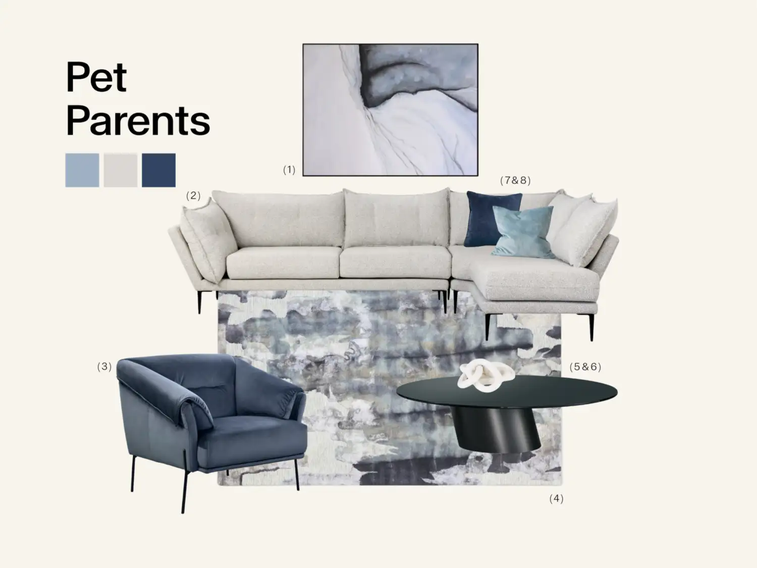 Interior design mood board for living room lounge home setting. Modern and minimalist style suitable for pet parents and owners of dogs, cats, and other pet animals. New Zealand high quality furniture brand.