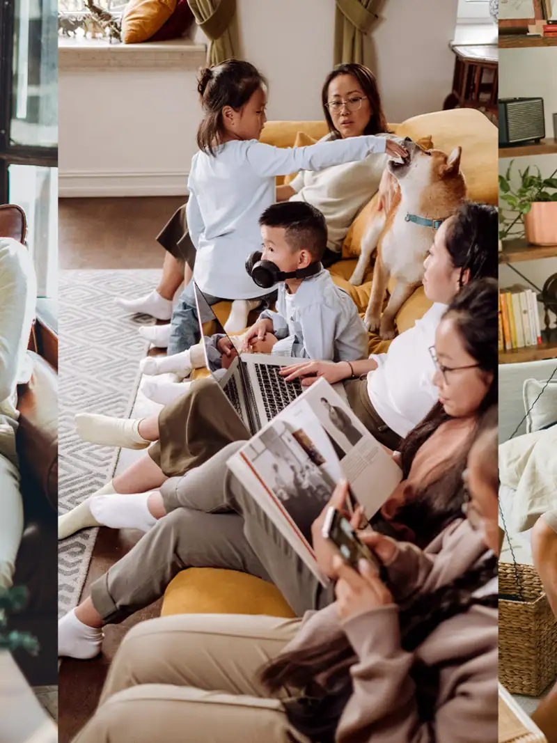 People are relaxing and sitting on sofas. Man with dog on sofa. A family with five kids and a dog sitting on a sofa. A woman and a man couple relaxing on the sofa and knitting.