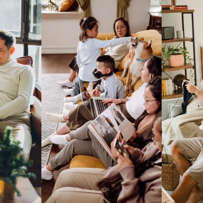 People are relaxing and sitting on sofas. Man with dog on sofa. A family with five kids and a dog sitting on a sofa. A woman and a man couple relaxing on the sofa and knitting.