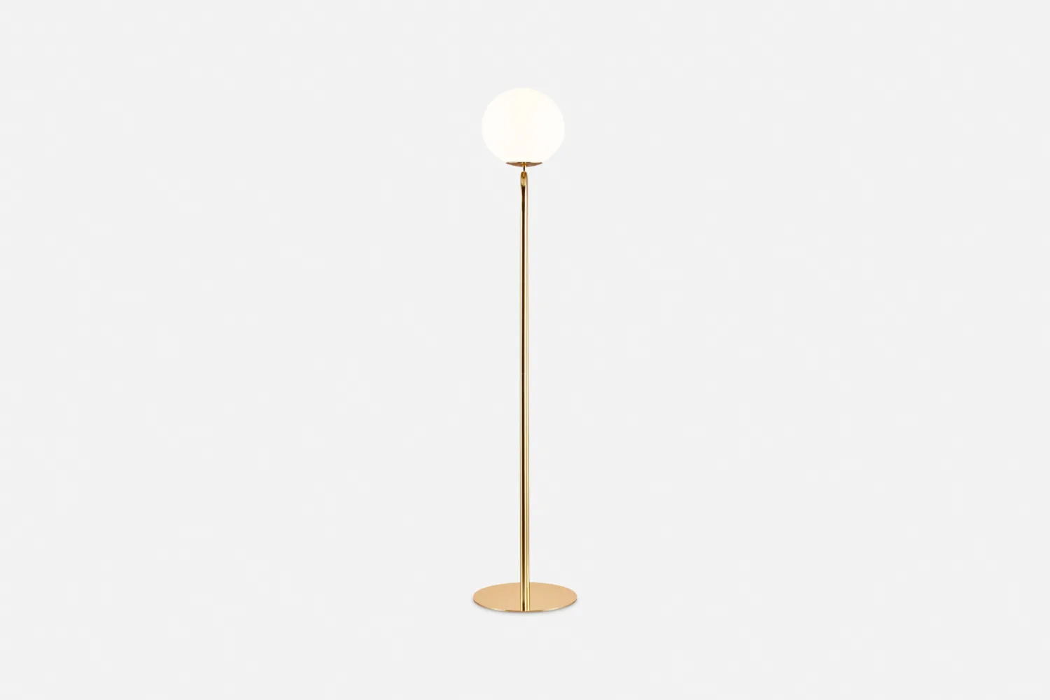 Glass and Brass Floor Lamp: Modern brass floor lamp with a white opal glass shade, minimalist and elegant design for contemporary living spaces.