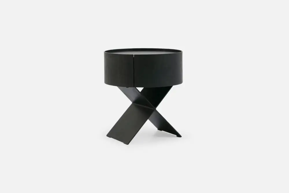 Bradfords BIL Bedside Table – modern 1-drawer bedside in smoked oak with sculptural black X-base, perfect for contemporary bedroom