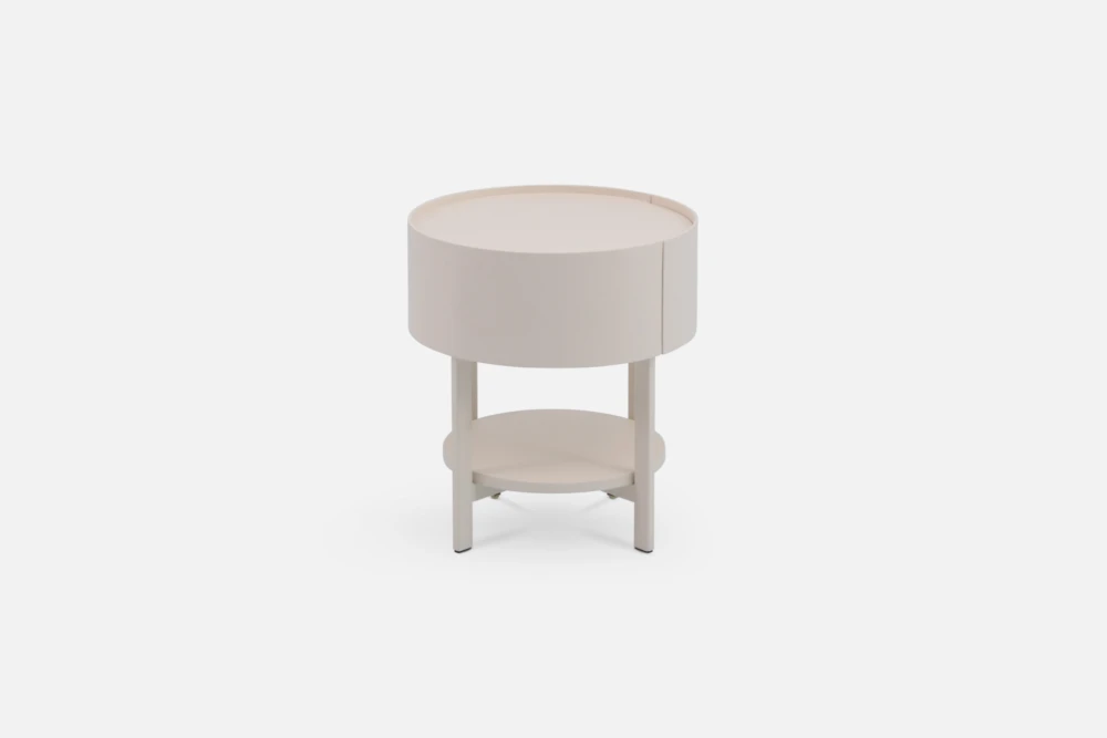 Bradfords BO Bedside Table – 1-drawer round bedside in matte sand finish with lower shelf, modern design for minimalist bedroom styling