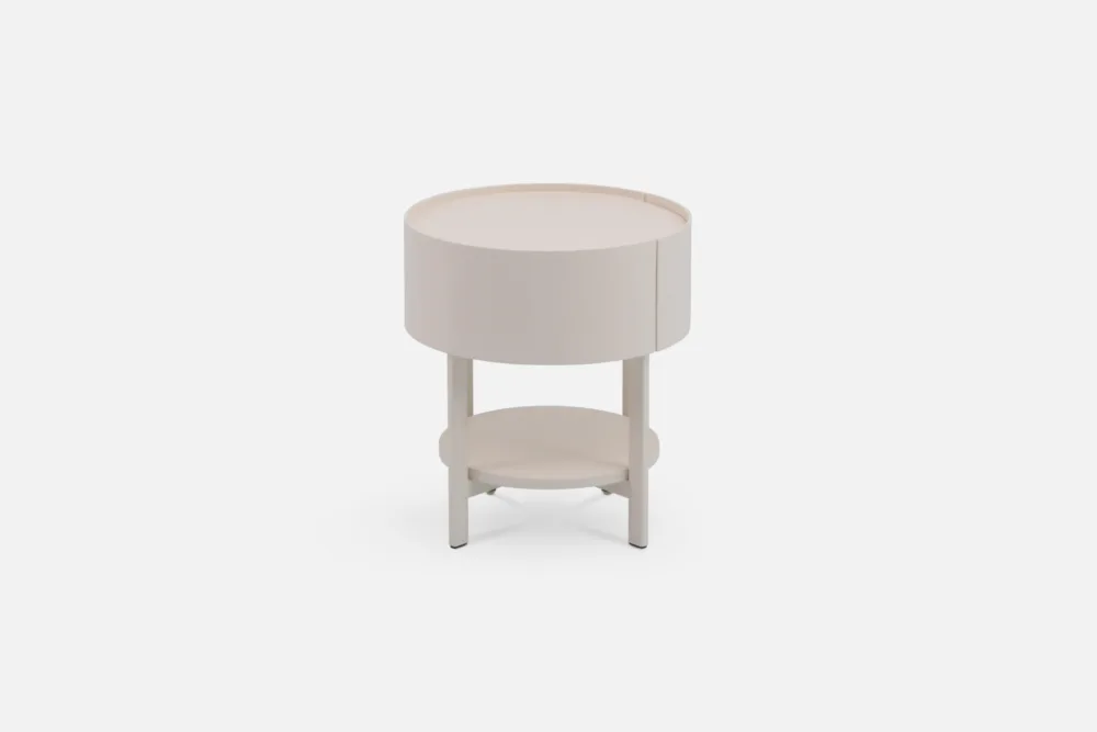 Bradfords BO Bedside Table – 1-drawer round bedside in matte sand finish with lower shelf, modern design for minimalist bedroom styling