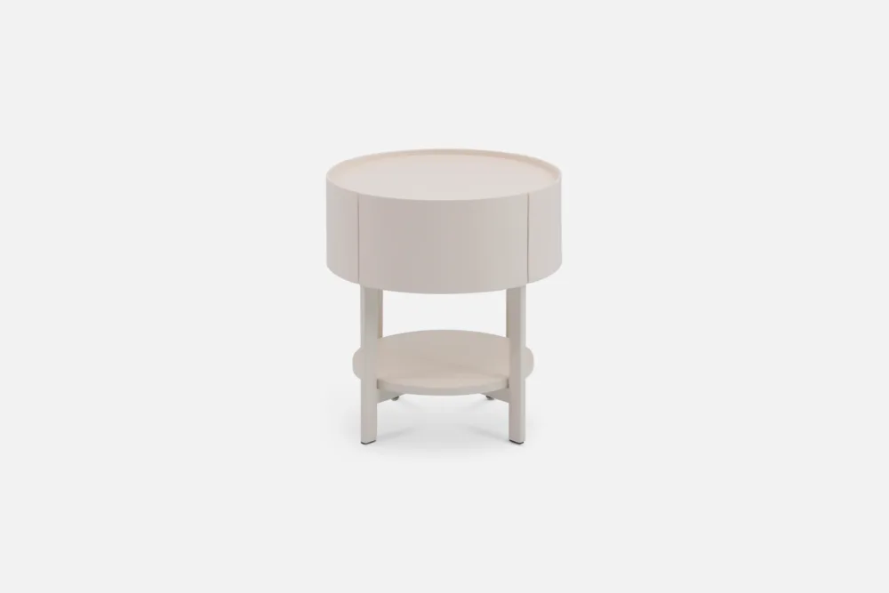 Bradfords BO Bedside Table – 1-drawer round bedside in matte sand finish with lower shelf, modern design for minimalist bedroom styling
