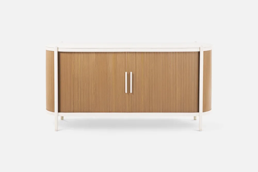 AMURA outdoor buffet with smooth curved frame and hidden storage for plates, bowls and serving pieces buy outdoor furniure and buffets from Bradfords in Auckland New Zealand.