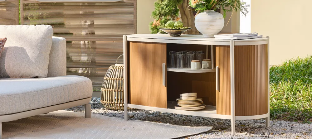 AMURA outdoor buffet with smooth curved frame and hidden storage for plates, bowls and serving pieces buy outdoor furniure and buffets from Bradfords in Auckland New Zealand.