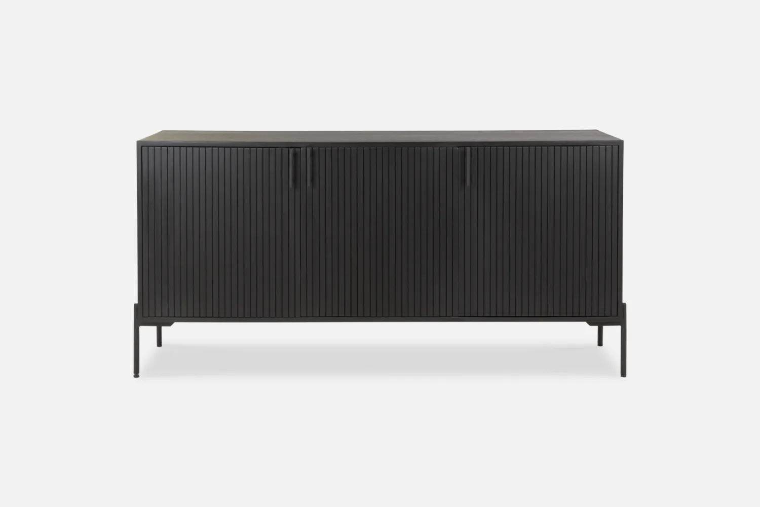 Modern Allur Buffet with vertical slatted design in deep black finish, perfect for contemporary interiors, offering ample storage and stylish elegance.