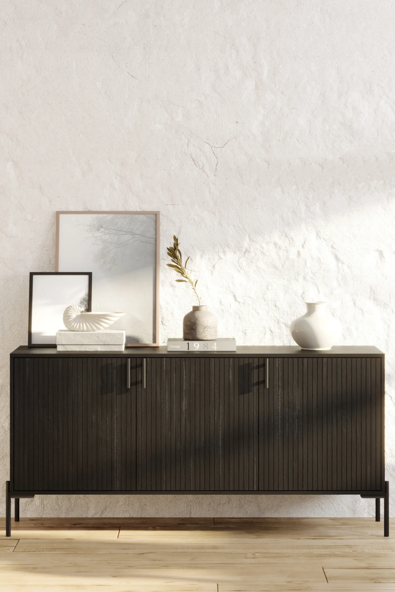 Modern Allur Buffet with vertical slatted design in deep black finish, perfect for contemporary interiors, offering ample storage and stylish elegance.