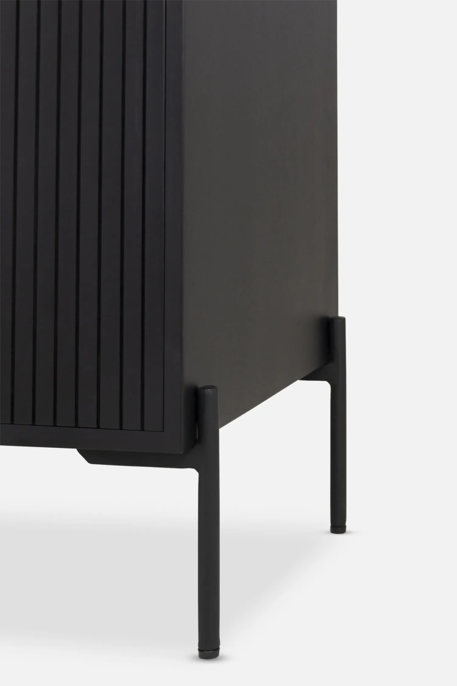 Modern Allur Buffet with vertical slatted design in deep black finish, perfect for contemporary interiors, offering ample storage and stylish elegance.