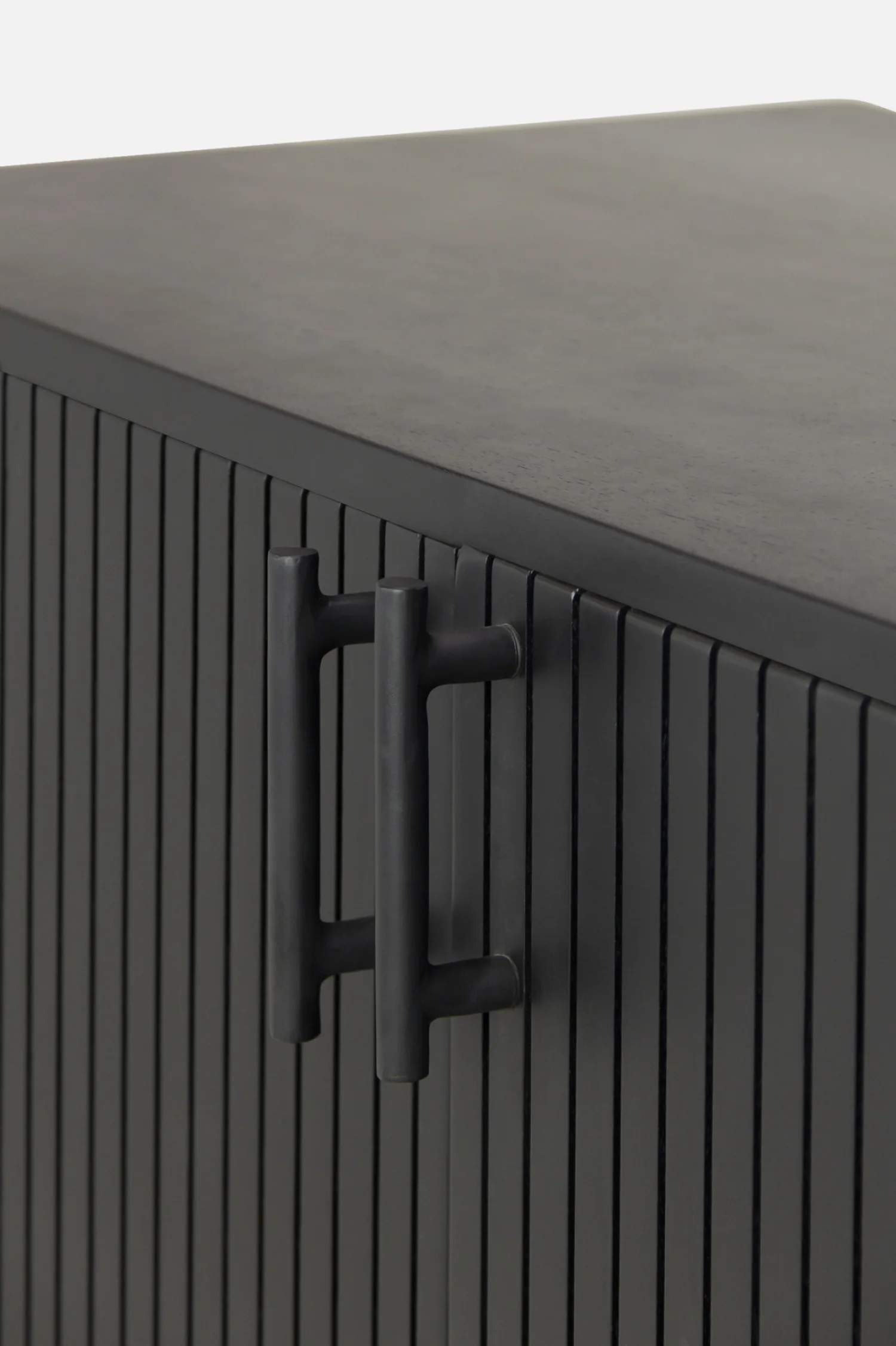 Modern Allur Buffet with vertical slatted design in deep black finish, perfect for contemporary interiors, offering ample storage and stylish elegance.