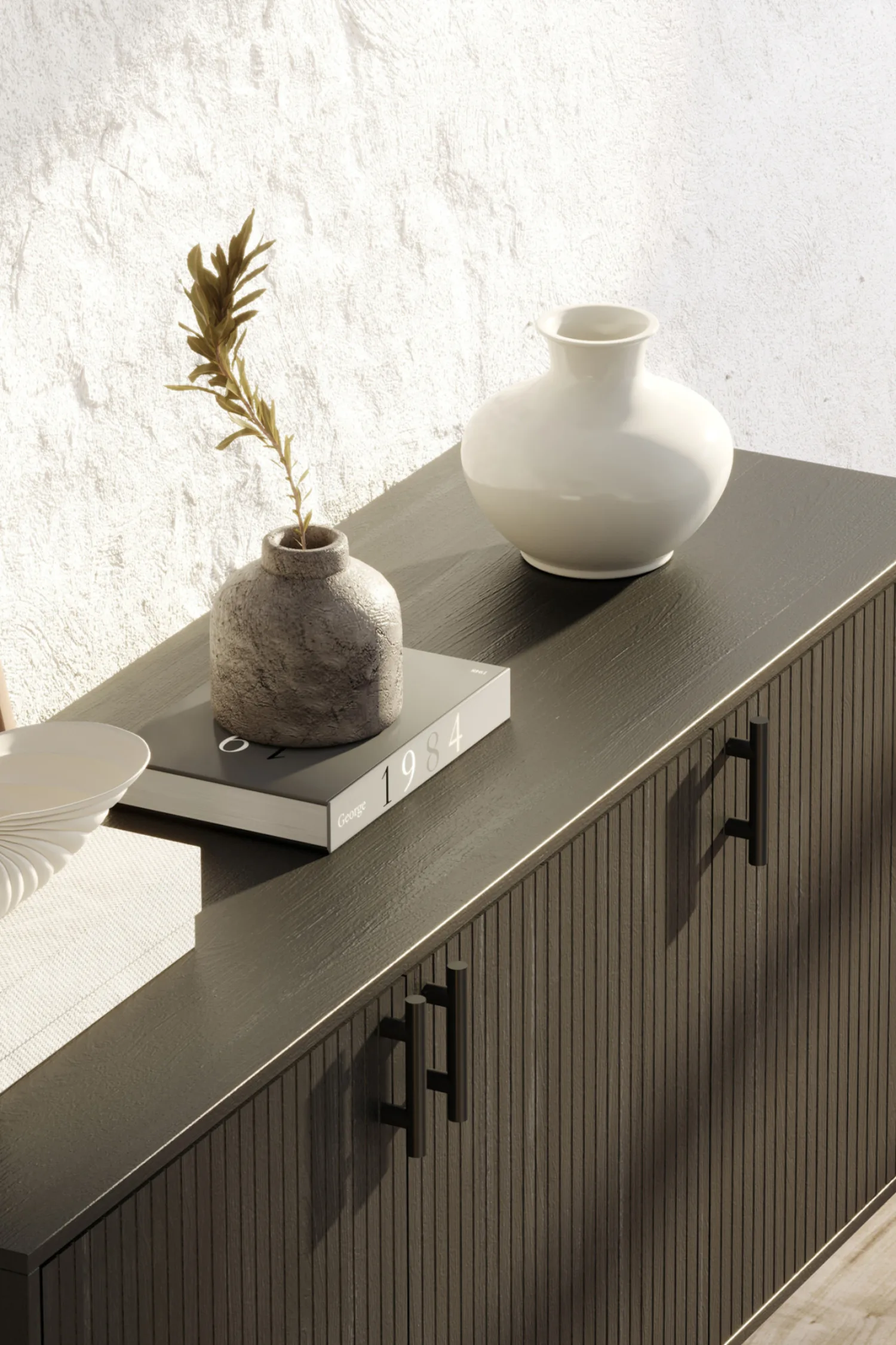 Modern Allur Buffet with vertical slatted design in deep black finish, perfect for contemporary interiors, offering ample storage and stylish elegance.