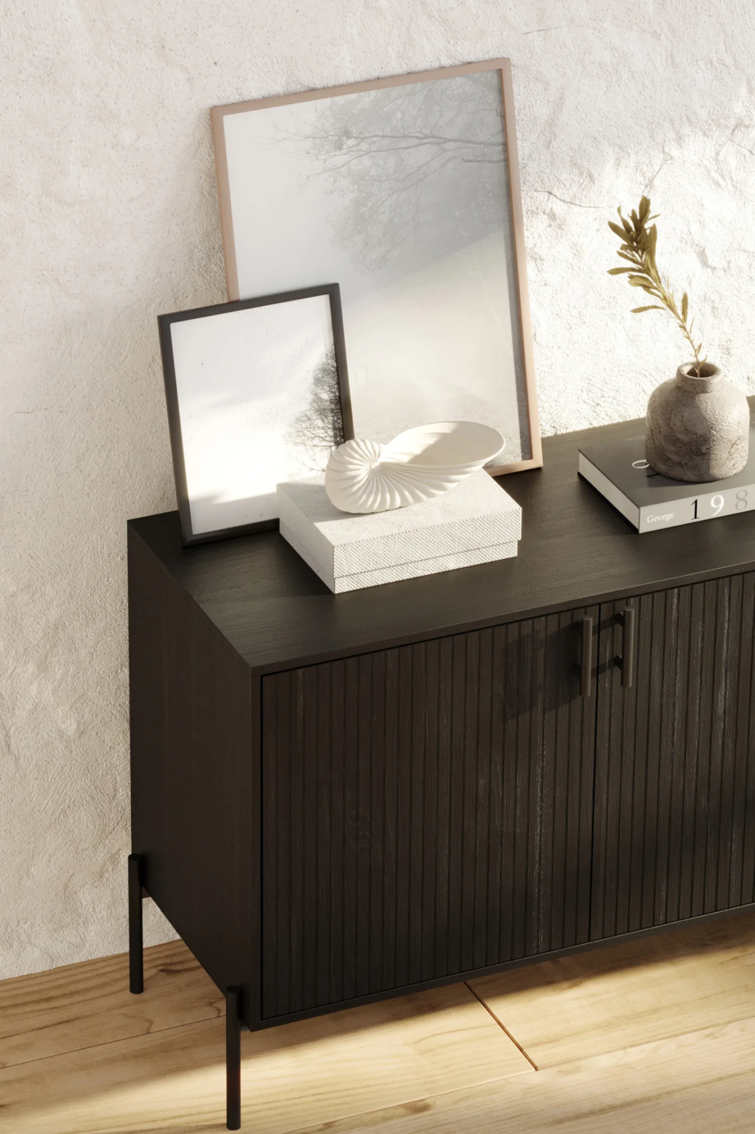 Modern Allur Buffet with vertical slatted design in deep black finish, perfect for contemporary interiors, offering ample storage and stylish elegance.