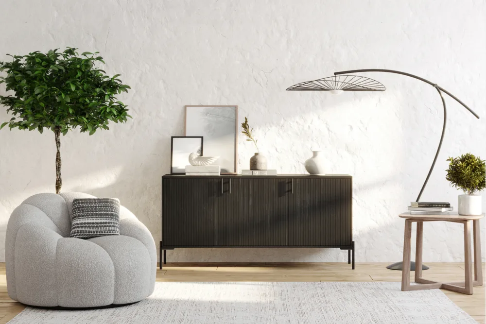 Modern Allur Buffet with vertical slatted design in deep black finish, perfect for contemporary interiors, offering ample storage and stylish elegance.