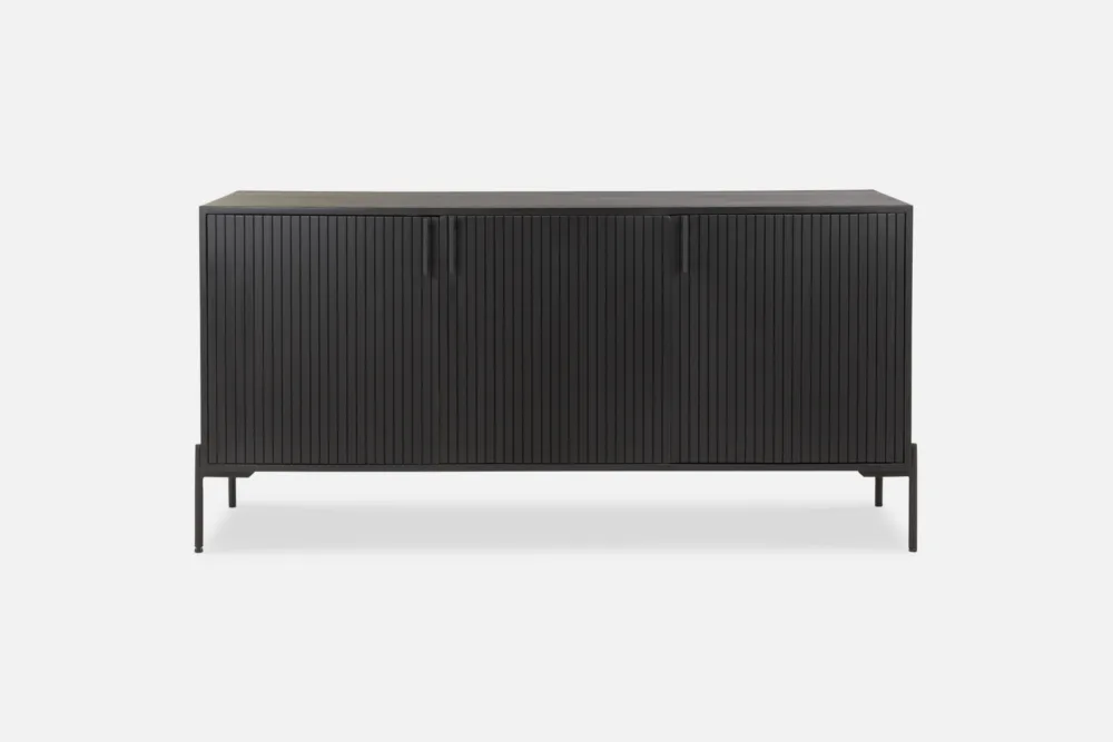 Modern Allur Buffet with vertical slatted design in deep black finish, perfect for contemporary interiors, offering ample storage and stylish elegance.