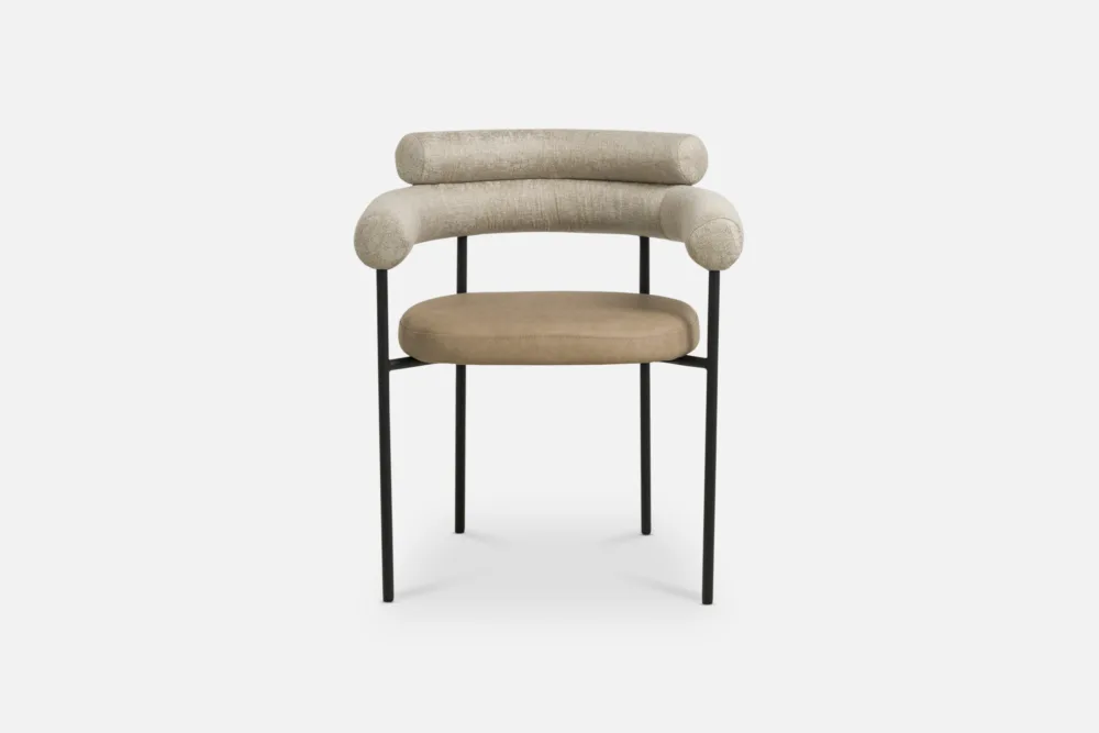 Bradfords modern dining chair with wraparound upholstered backrest, cushioned seat, and slim black metal legs – contemporary furniture for stylish dining rooms