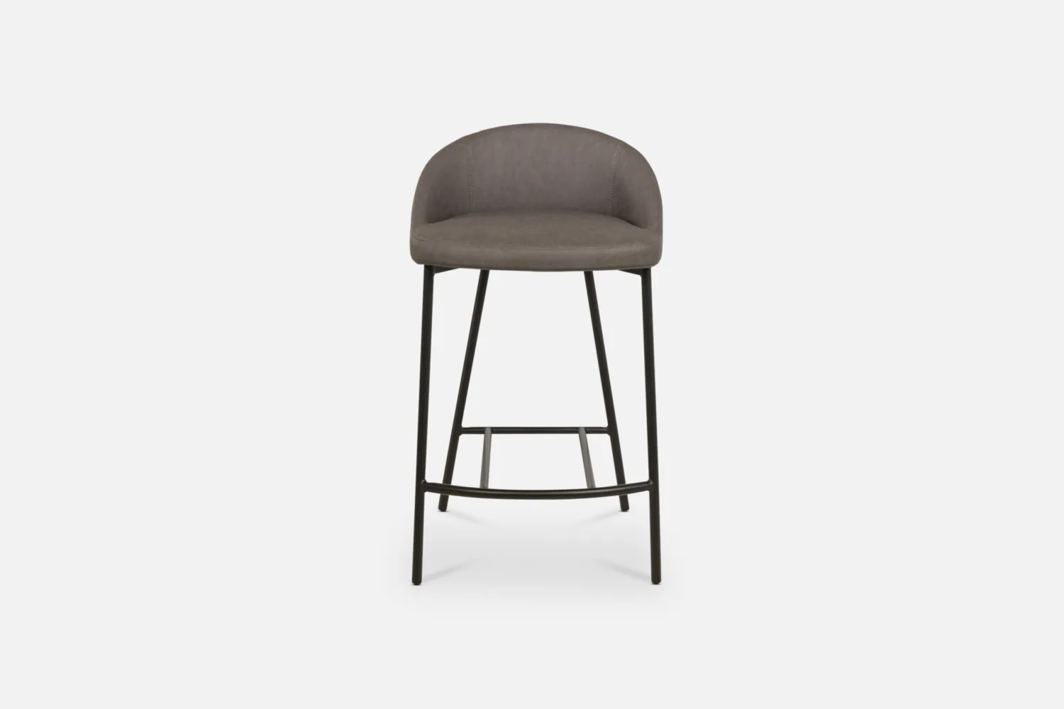 Bradfords MICK barstool in graphite vintage PU leather with a curved backrest and black metal legs, offering contemporary style and comfort for modern dining spaces.