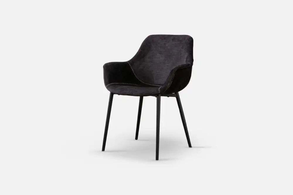 Sophisticated black charcoal fabric bucket seat dining chair, adding a sleek and contemporary touch to your dining space. Purchase now at Bradfords, Auckland, New Zealand.