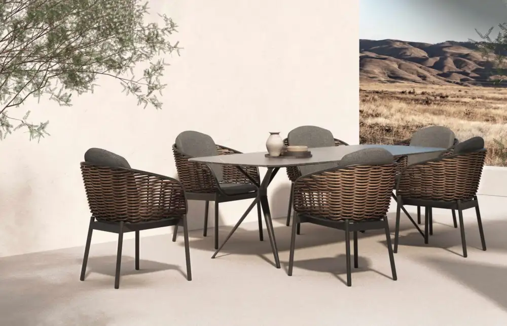 MELIA outdoor dining chair in natural wicker with ivory cushion or dark wicker with charcoal cushion. Outdoor dining chairs available at Bradfords in Auckland New Zealand