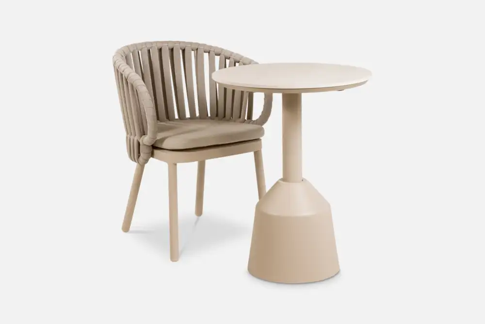Bradfords ARIKA Dining Chair – contemporary outdoor dining chair with beige fabric seat, taupe rope backrest and sand aluminium frame, perfect for relaxed alfresco living