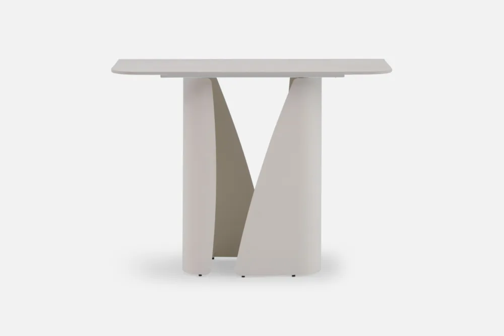 Bradfords AMLEN Console Table  modern console table with ceramic sand base and travertine-look top, sculptural design for contemporary interiors