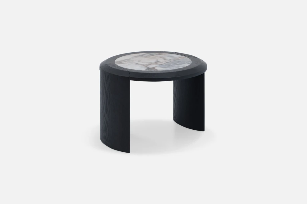 "Bradfords GIOVE Side Table – 55cm round side table in smoked ash with curved leg detail, sculptural modern accent piece for contemporary interiors"