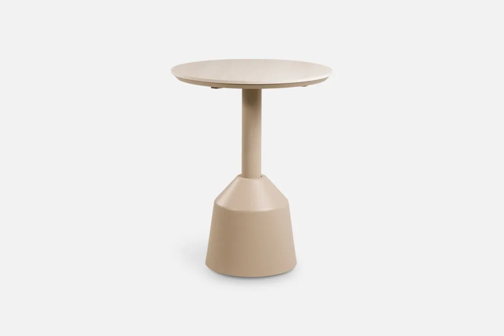 Balcon side table in soft beige with a sculptural pedestal base and rounded ceramic top, available at Bradfords Interiors. A modern accent piece for contemporary New Zealand homes