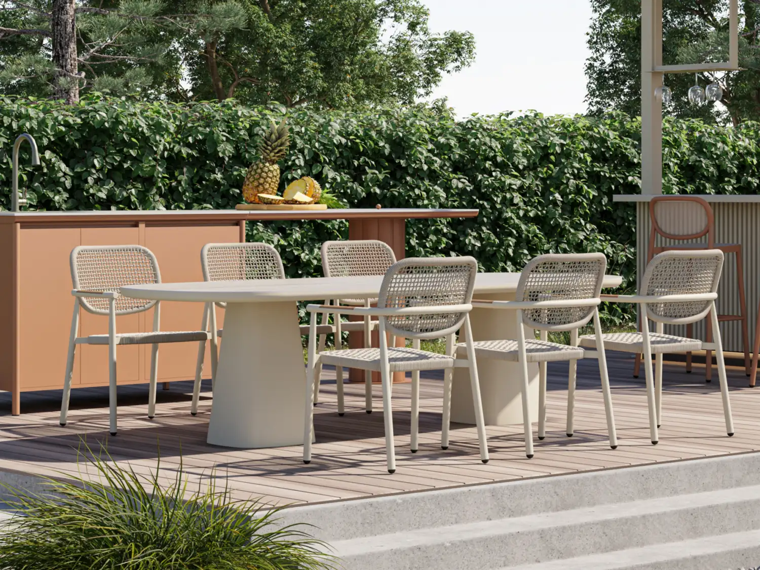 Modern outdoor dining table available in sand and black, featuring a sleek, rounded rectangular top and sturdy sculptural pedestal legs, perfect for stylish outdoor dining areas