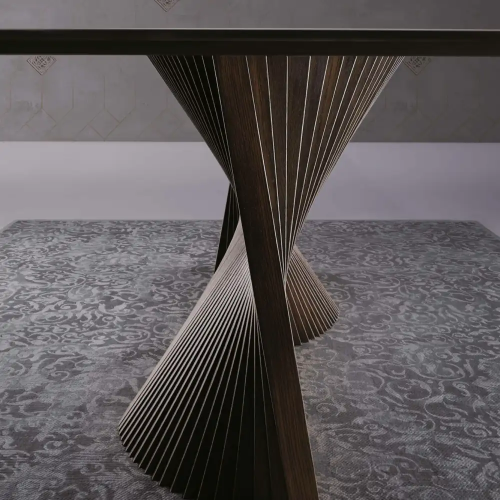 Ceramic Top Dining Table: Elegant statement dining table features a ceramic top, combining beauty with practicality. Italian wood slat wave base is luxurious. Discover our ceramic top tables at Bradfords, Auckland, New Zealand. Designed and crafted in Italy by Natisa.