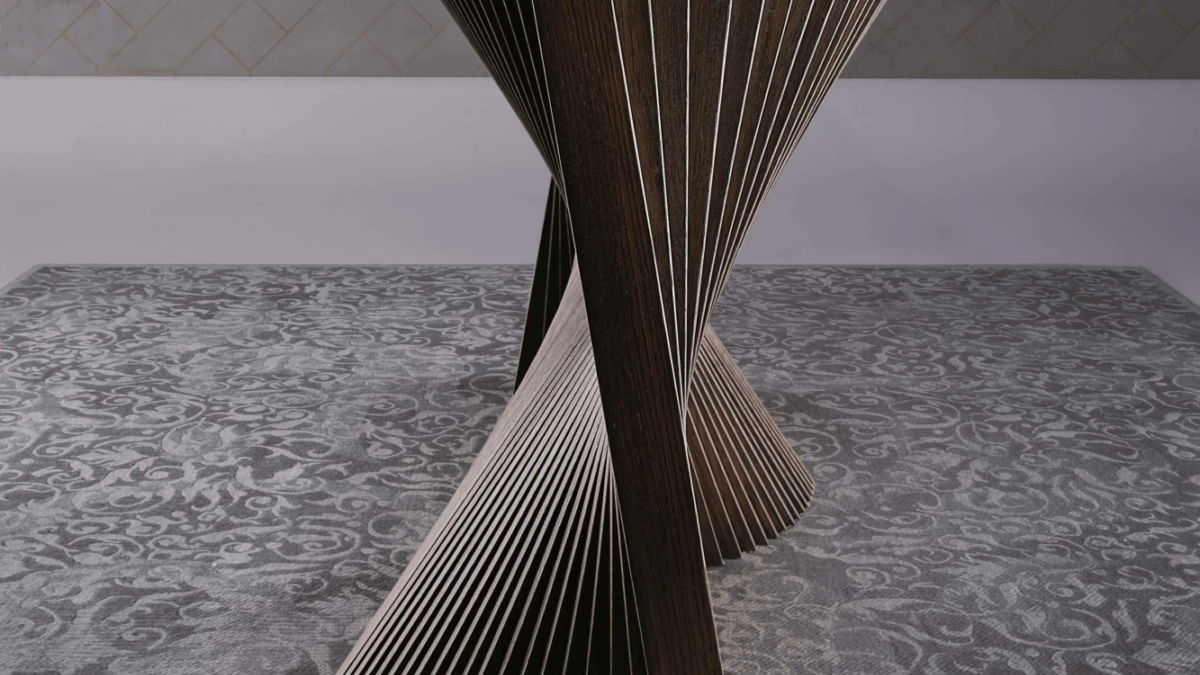 Ceramic Top Dining Table: Elegant statement dining table features a ceramic top, combining beauty with practicality. Italian wood slat wave base is luxurious. Discover our ceramic top tables at Bradfords, Auckland, New Zealand. Designed and crafted in Italy by Natisa.