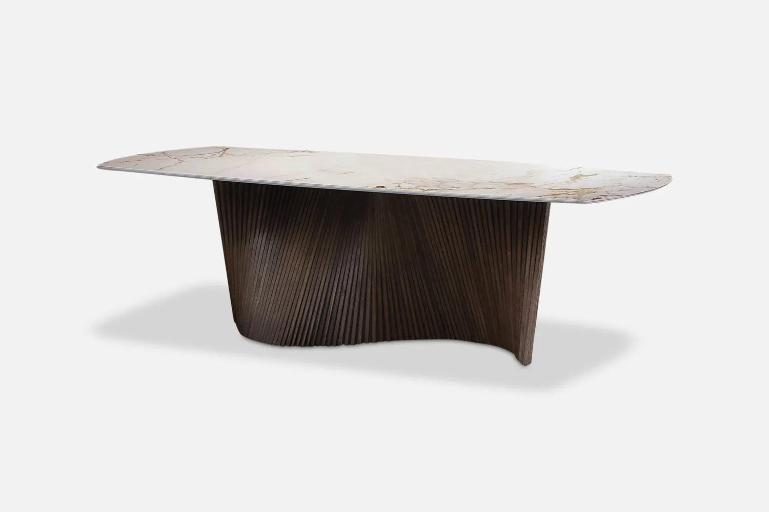 Ceramic Top Dining Table: Elegant statement dining table features a ceramic top, combining beauty with practicality. Italian wood slat wave base is luxurious. Discover our ceramic top tables at Bradfords, Auckland, New Zealand. Designed and crafted in Italy by Natisa.