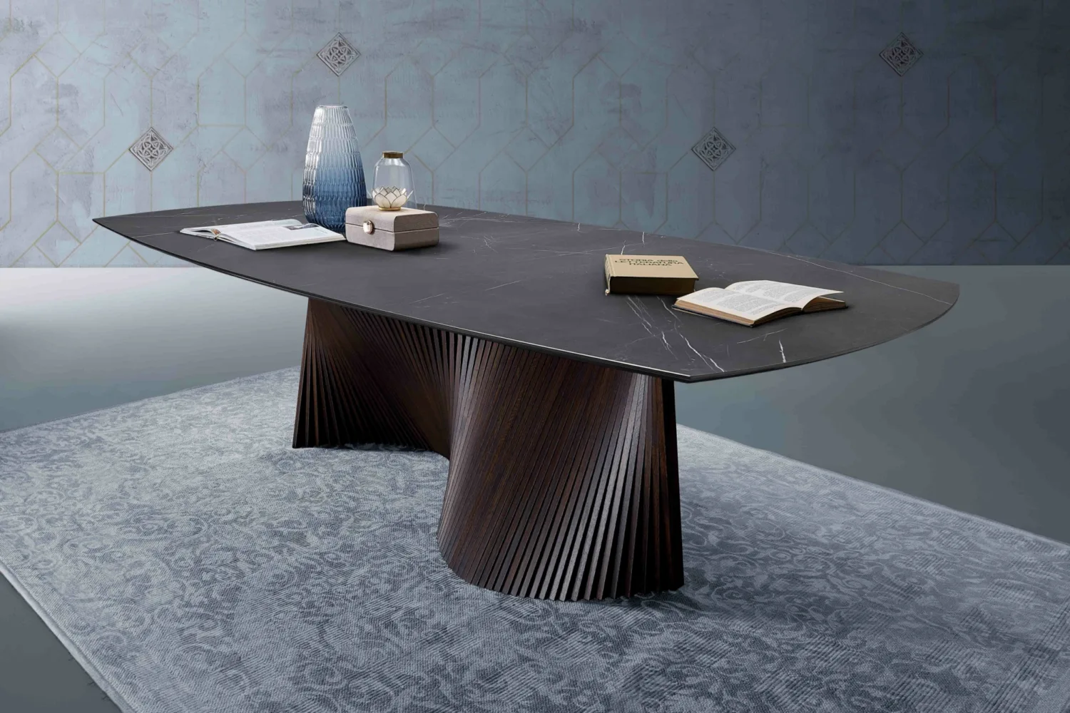 Ceramic Top Dining Table: Elegant statement dining table features a ceramic top, combining beauty with practicality. Italian wood slat wave base is luxurious. Discover our ceramic top tables at Bradfords, Auckland, New Zealand. Designed and crafted in Italy by Natisa.