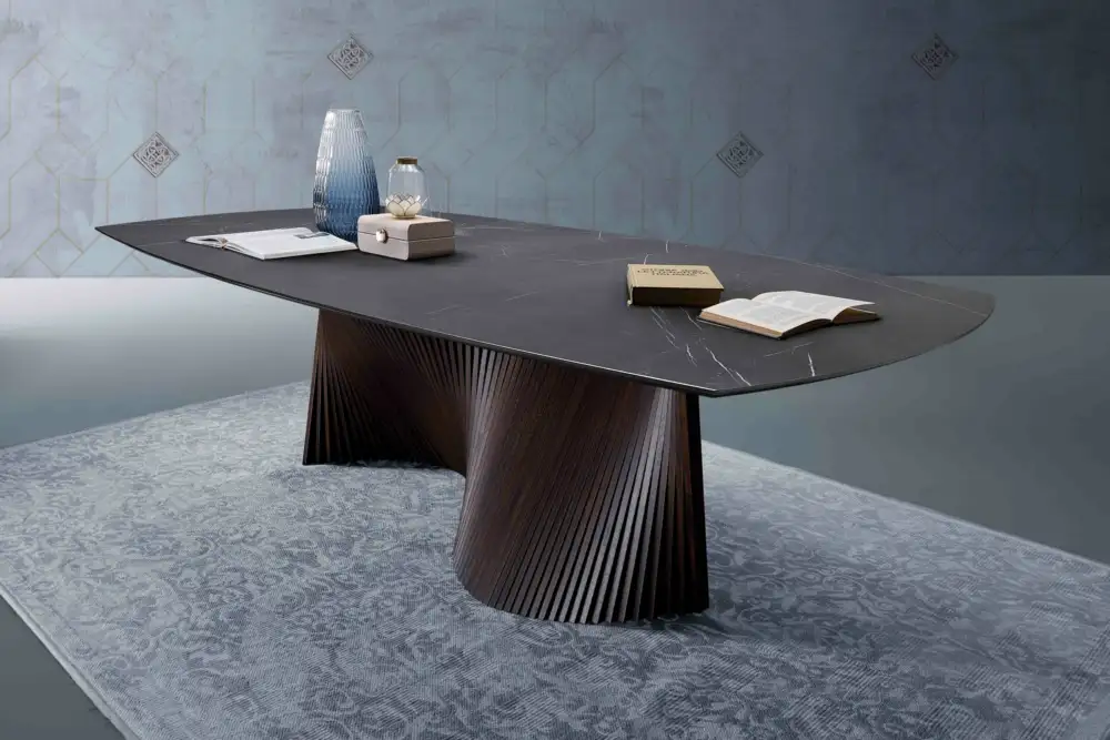 Ceramic Top Dining Table: Elegant statement dining table features a ceramic top, combining beauty with practicality. Italian wood slat wave base is luxurious. Discover our ceramic top tables at Bradfords, Auckland, New Zealand. Designed and crafted in Italy by Natisa.