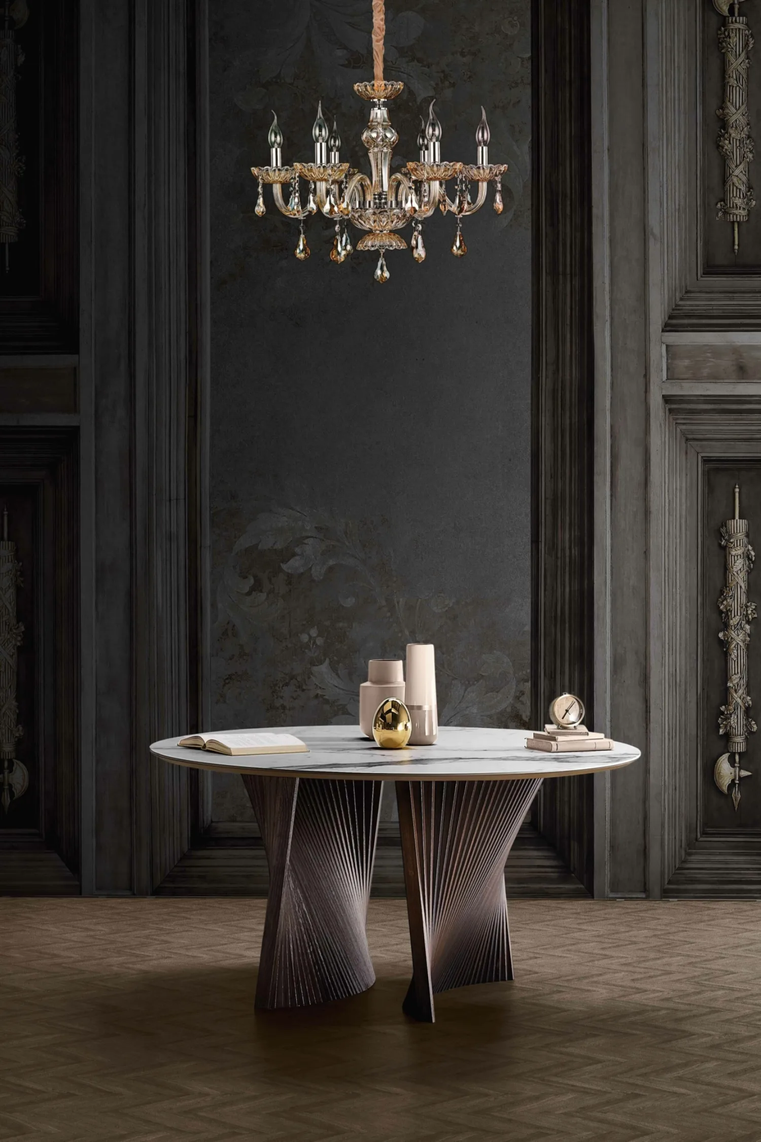 Round Ceramic Top Dining Table with Wood Slat Base: Elegant dining table features a ceramic top, combining beauty with practicality. Discover our ceramic top tables at Bradfords, Auckland, New Zealand. Italian made and designed by Natisa.