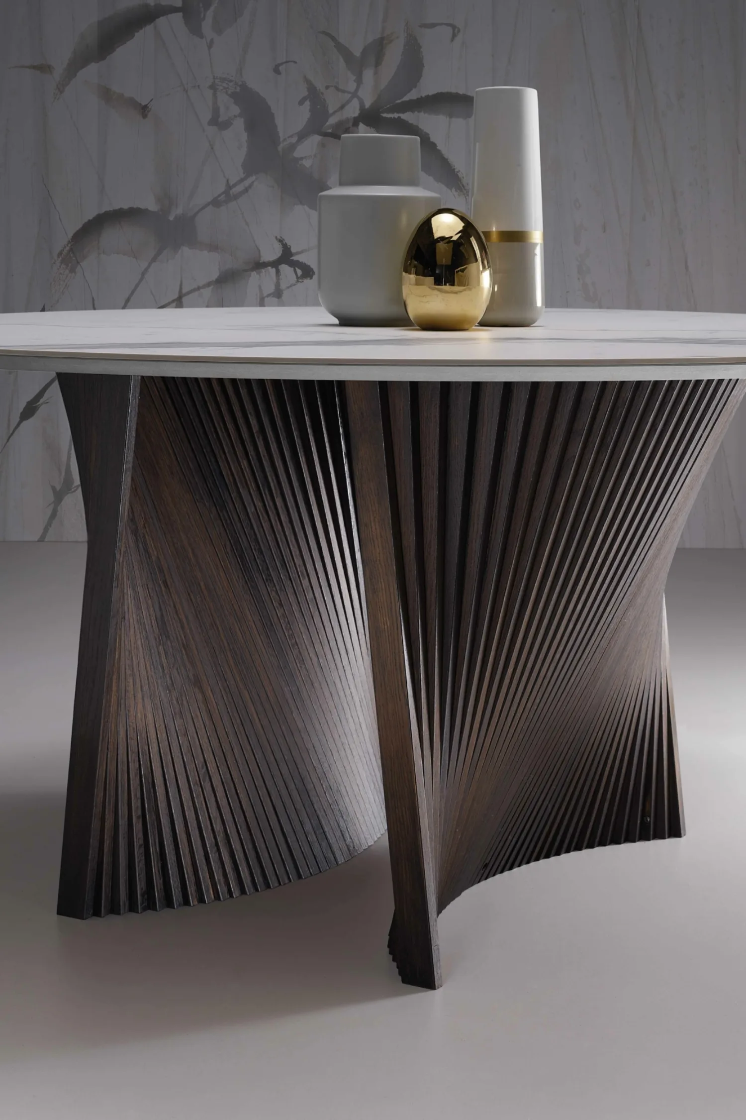 Round Ceramic Top Dining Table with Wood Slat Base: Elegant dining table features a ceramic top, combining beauty with practicality. Discover our ceramic top tables at Bradfords, Auckland, New Zealand. Italian made and designed by Natisa.