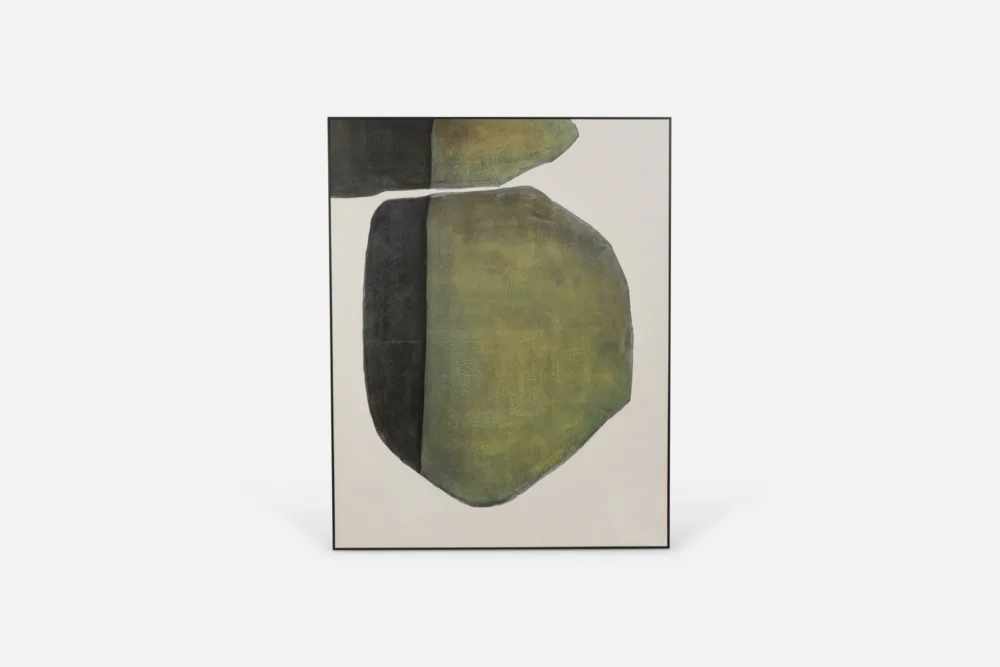 Modern abstract wall art in green and charcoal – EVOKE 140 framed painting, exclusively at Bradfords Interiors