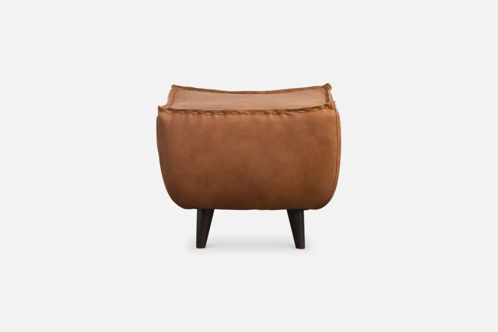 BORGIA footstool with stitched leather detail and tapered wooden legs, available at Bradfords Interior