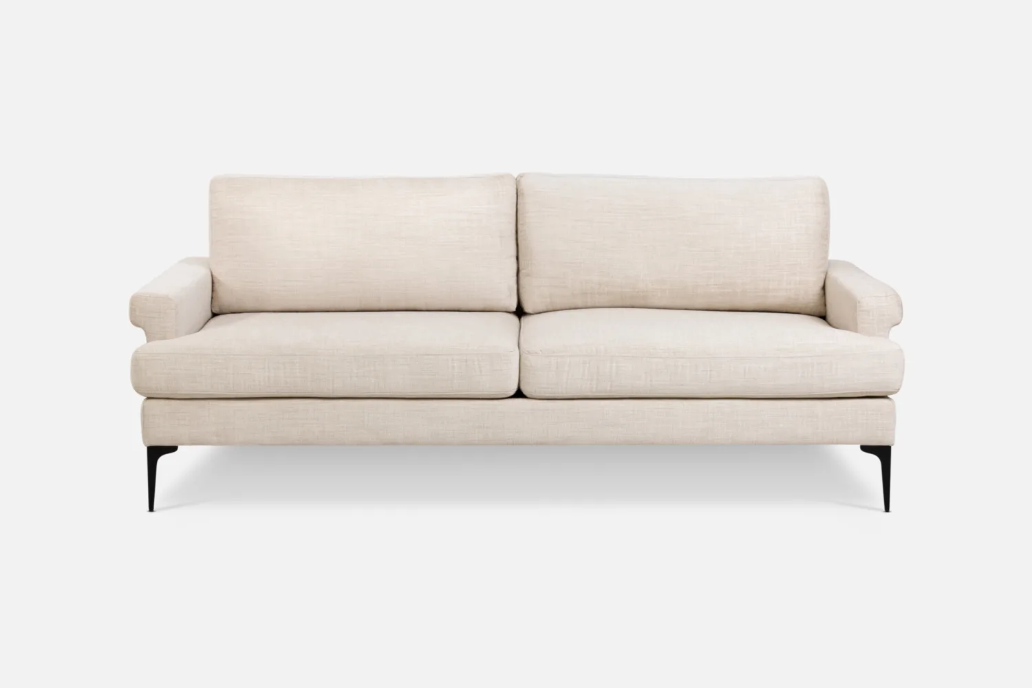 ROSEY 3-seater sofa in beige fabric with slim black metal legs, available at Bradfords Interiors Auckland NZ
