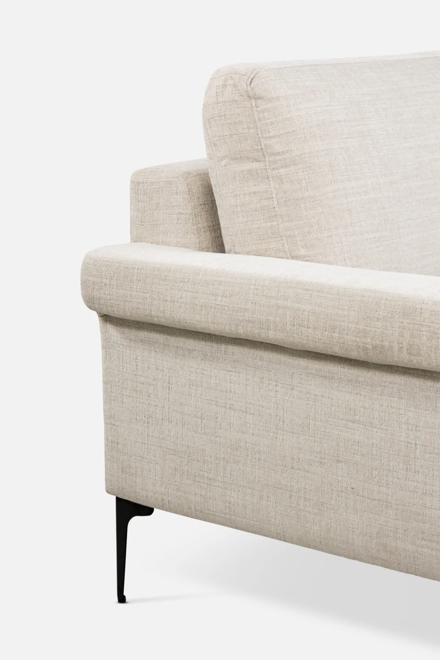 ROSEY 3-seater sofa in beige fabric with slim black metal legs, available at Bradfords Interiors Auckland NZ