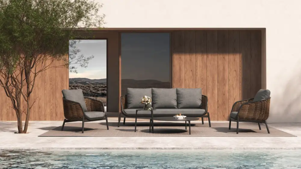 MELIA outdoor sofa and armchair set in dark wicker with charcoal cushions or natural wicker with ivory seats. Buy outdoor furniture at Bradfords in Auckland New Zealand