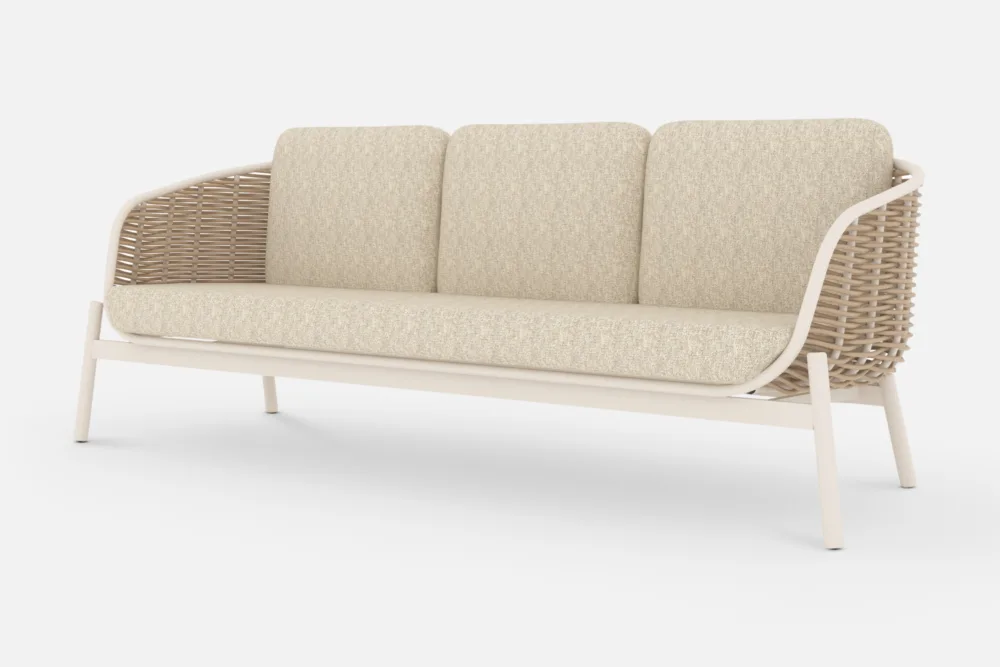 MELIA outdoor sofa and armchair set in dark wicker with charcoal cushions or natural wicker with ivory seats. Buy outdoor furniture from Bradfords in Auckland, New Zealand
