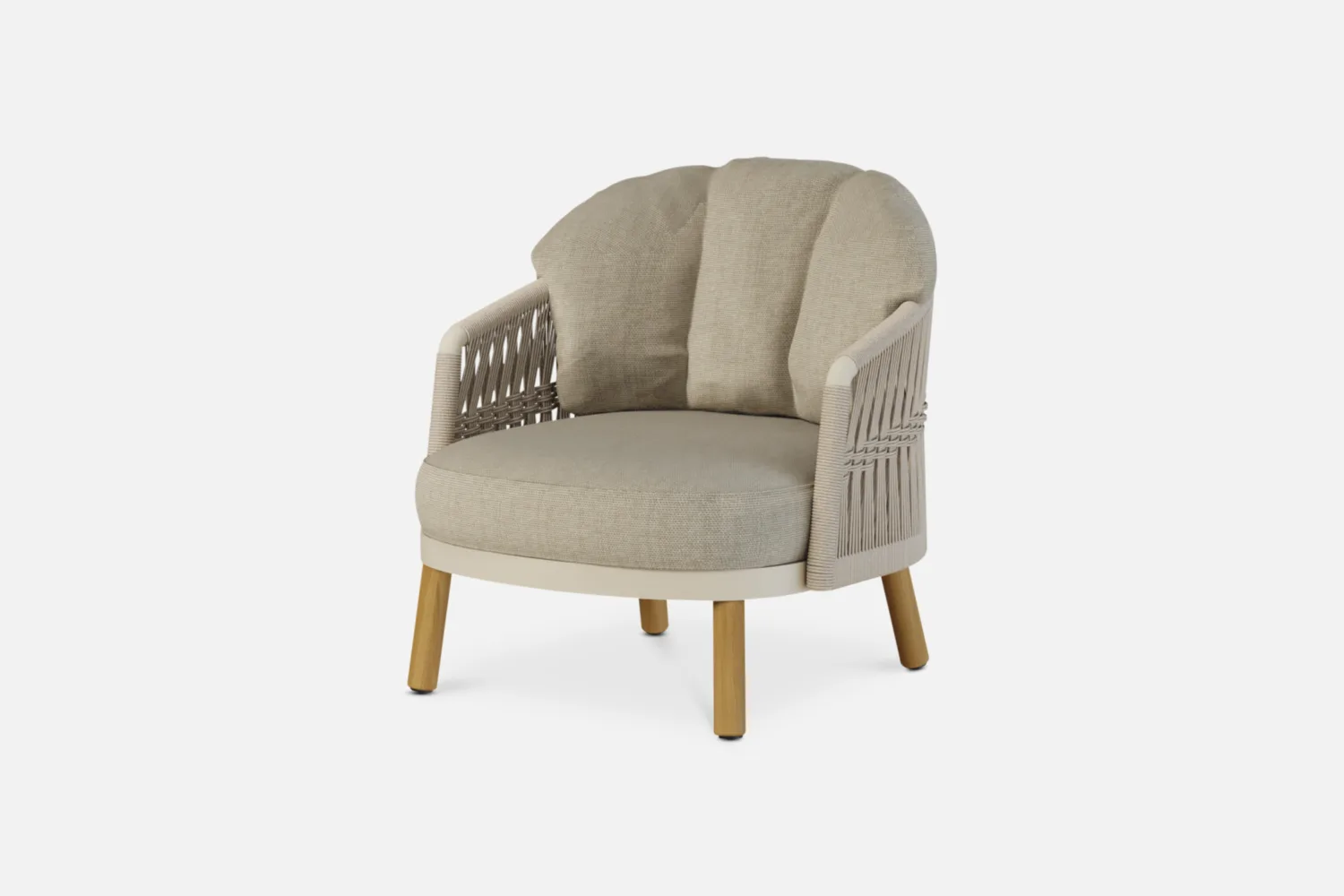 LENNO outdoor sofa and armchair with woven detail, inviting cushions and timber-look legs. Shop Outdoor Furniture at Bradfords Auckland New Zealand