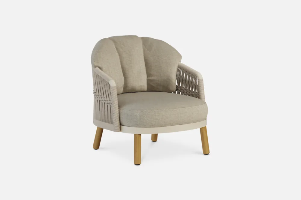 LENNO outdoor sofa and armchair with woven detail, inviting cushions and timber-look legs. Shop Outdoor Furniture at Bradfords Auckland New Zealand