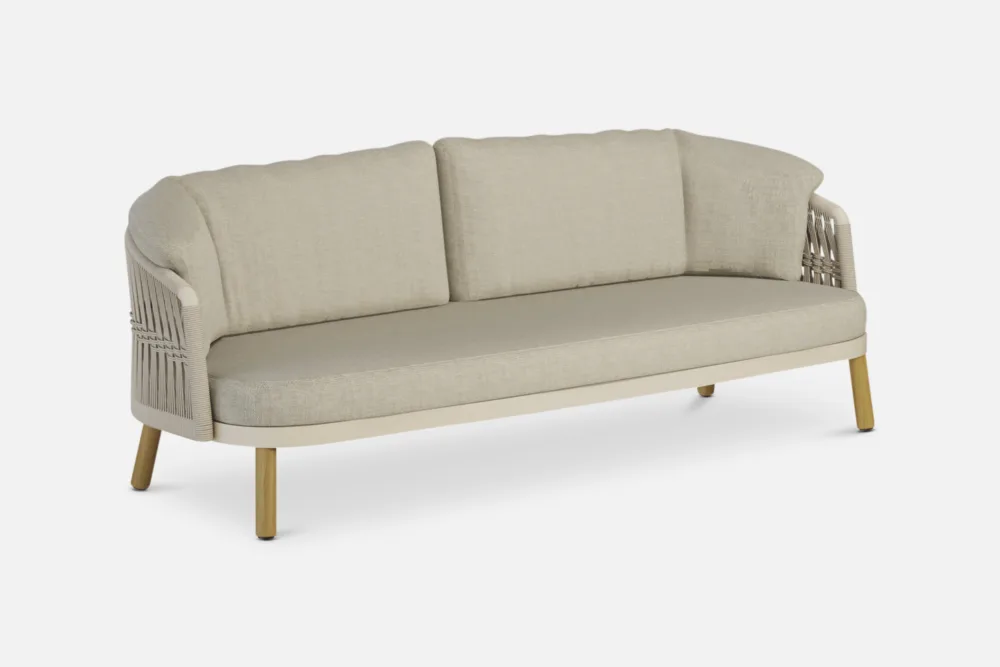 LENNO outdoor sofa and armchair with woven detail, inviting cushions and timber-look legs. Shop Outdoor Furniture at Bradfords Auckland New Zealand