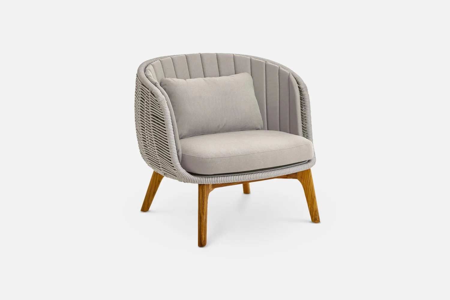 Luxury outdoor armchair for your garden, patio, terrace, deck for New Zealand summer. Grey beige taupe colour with wicker and teak effect legs.