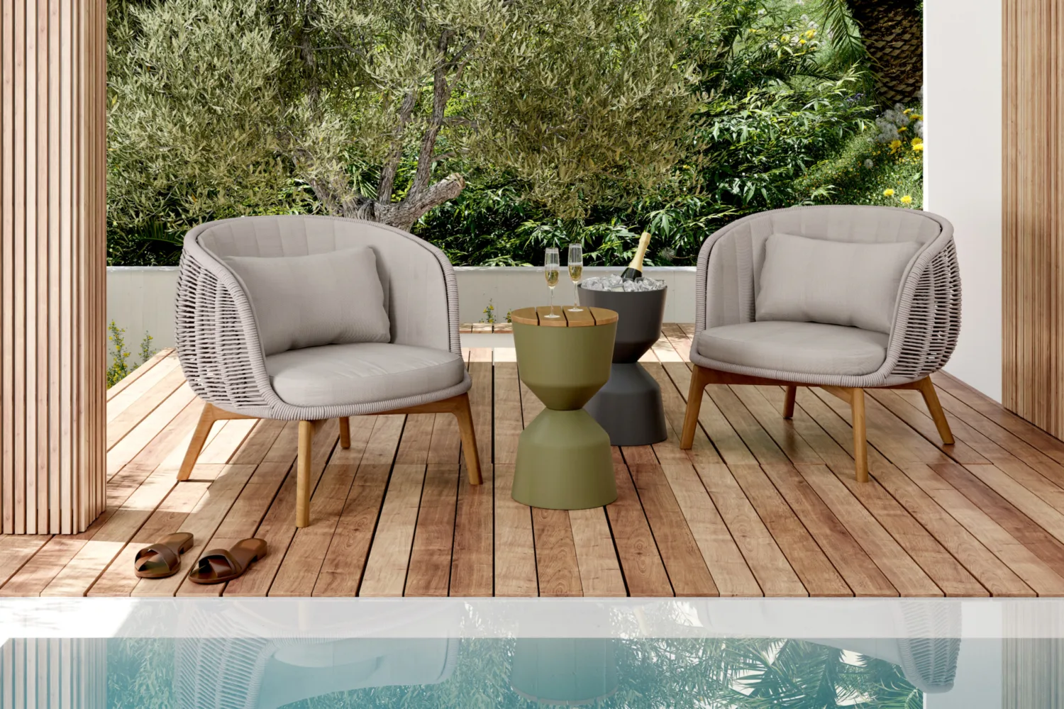 Luxury outdoor armchair for your garden, patio, terrace, deck for New Zealand summer. Grey beige taupe colour with wicker and teak effect legs.