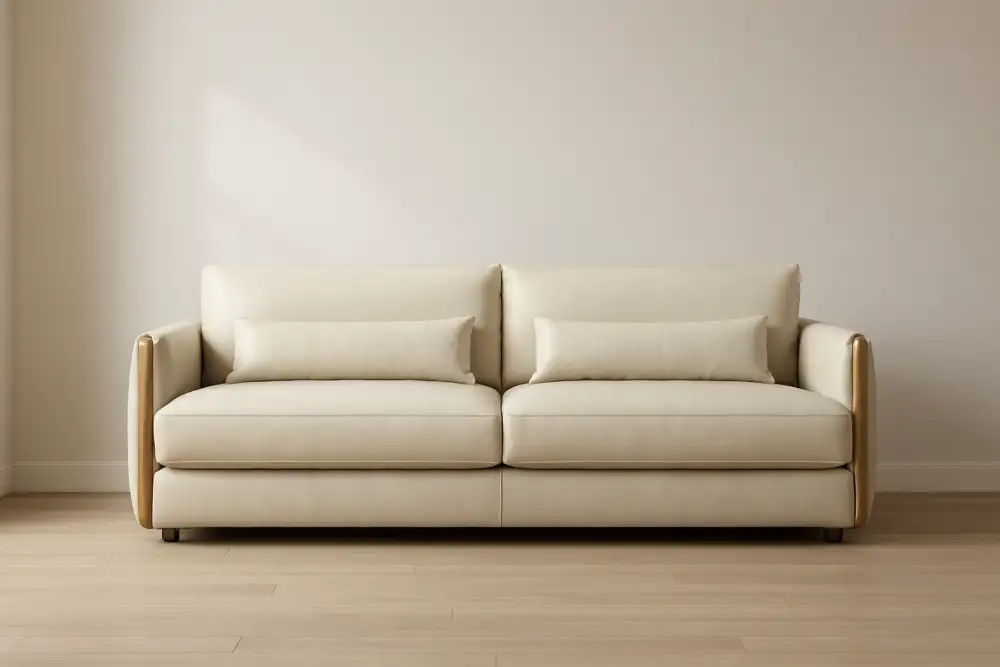 Discover the ASPEN 3-Seater Sofa at Bradfords. Upholstered in luxurious sand leather with sculpted timber detailing, ASPEN balances soft comfort with refined structure. In stock now in leather, with custom fabric options available.